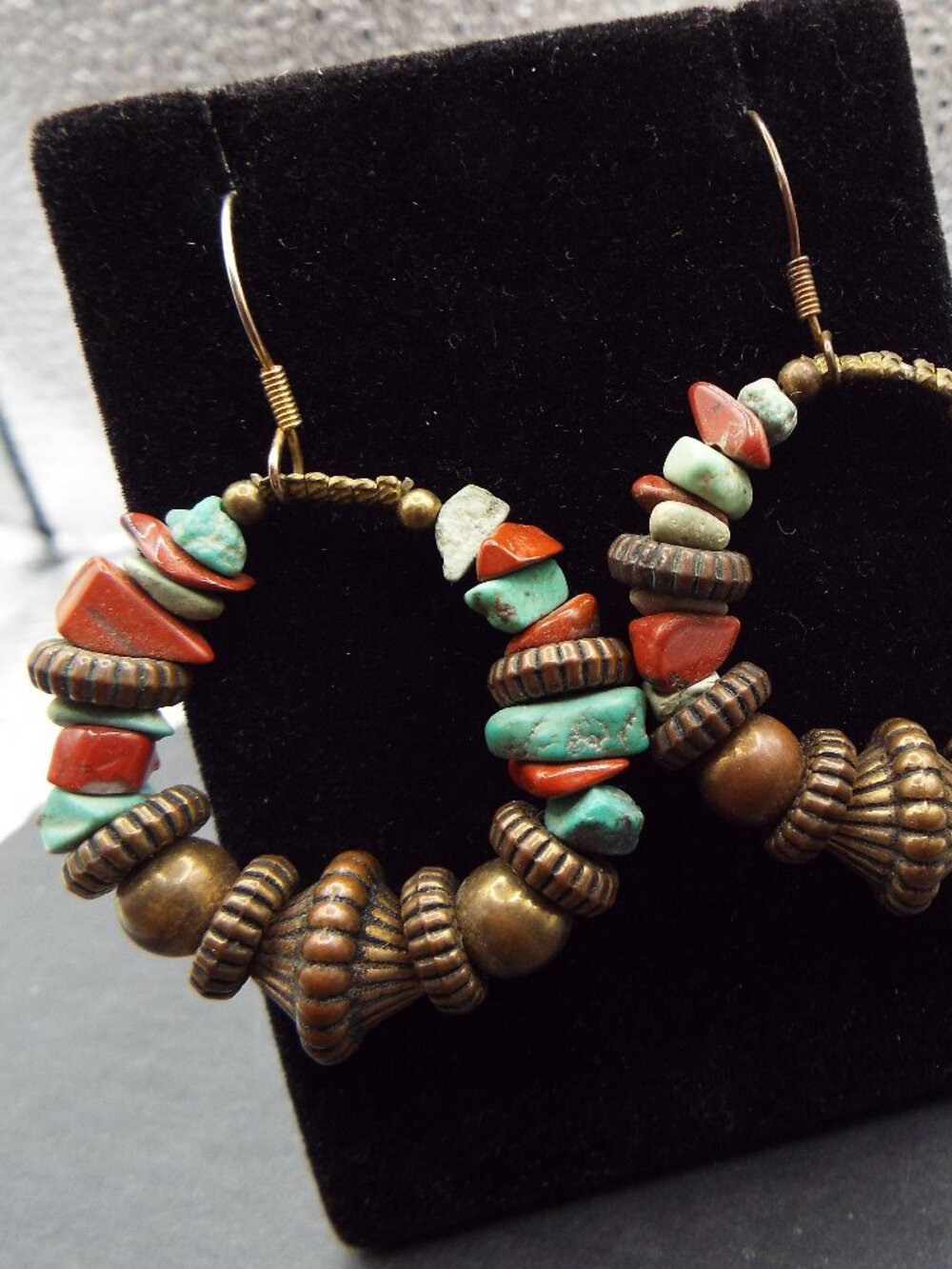 NA BOHEMIAN HANDMADE TURQUOISE, CARNELLIAN & BRASS BEADED LARGE HOOP EARRINGS 15